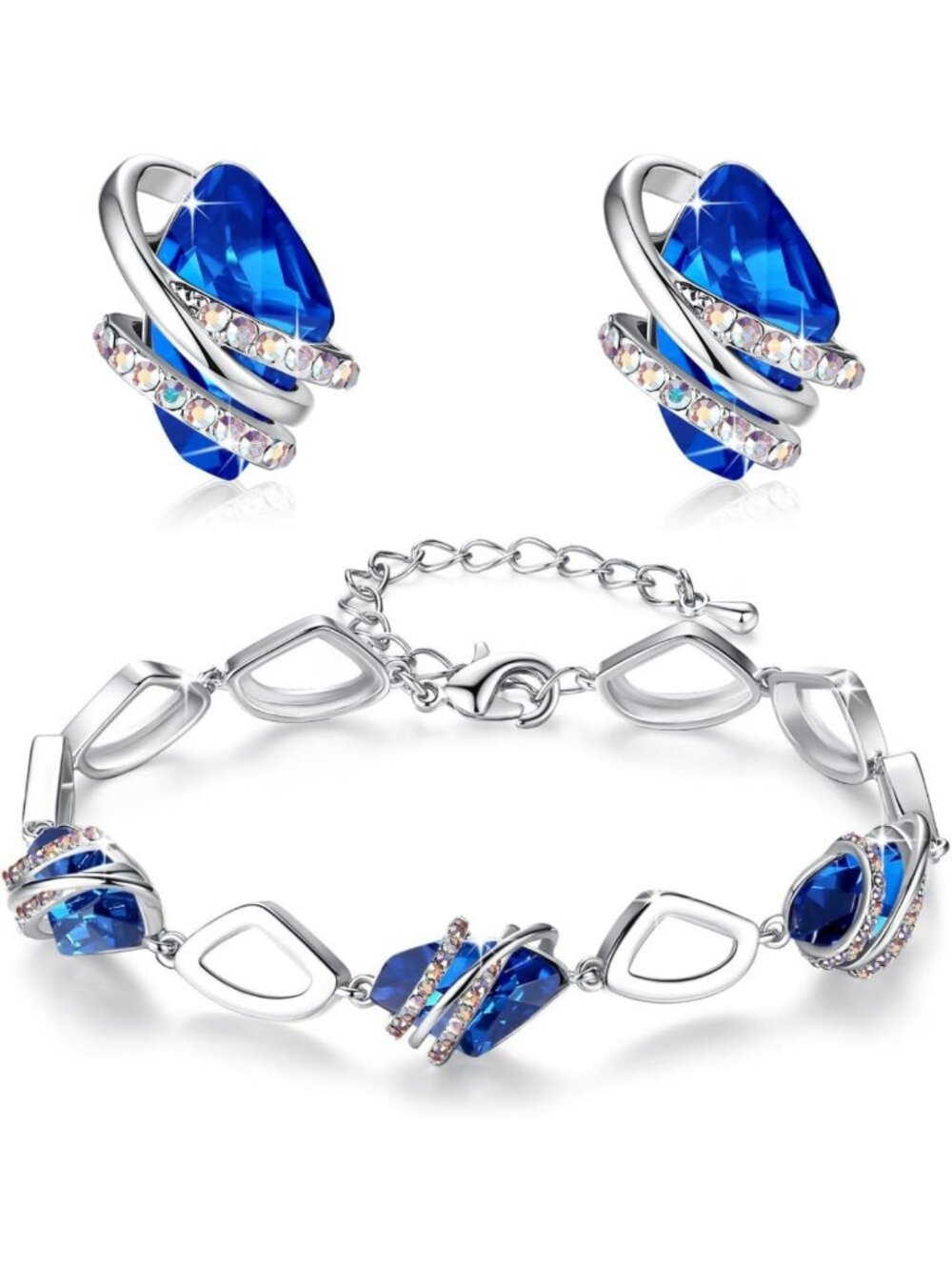 Sapphire Blue Crystal Jewelry Set - Stud Earrings & Bracelet for Women